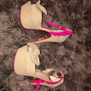 Sandal heels,bow tie on the top,Pumps ,hot pink and beige